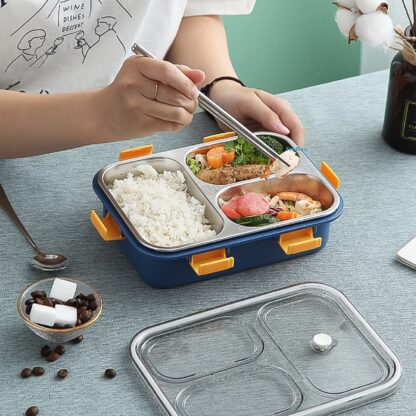 3 Compartment Transparent Stainless Steel Lunch Box with a Spoon and a Pair of Chopsticks (1 Set) - Image 6