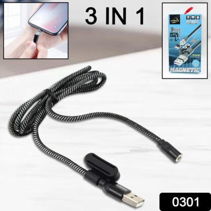 3 in 1 Magnetic USB Charging Cable | USB-c Android and Lightning with Extra Protecting Nylon| Strong Magnetic Cable with Full Rotation Support Fast Charging - Image 2