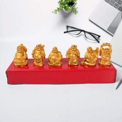 Golden Laughing Buddha Set Of Six Pieces Statue For Happiness, Wealth & Good luck Decor For Wealth and Success (6 Pcs Set) - Image 6