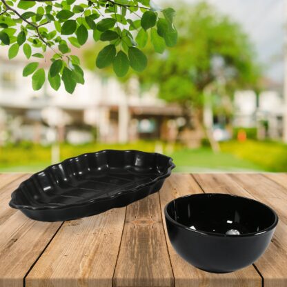 Invitation Round Ceramic Snacks Bowl With Plastic Leaf shape Serving platter Portable, Lightweight Breakfast, Serving Bowl | Ideal for Rice, Pasta, Desserts Home & Kitchen Serving Bowl & platter (8 Pcs set) - Image 5