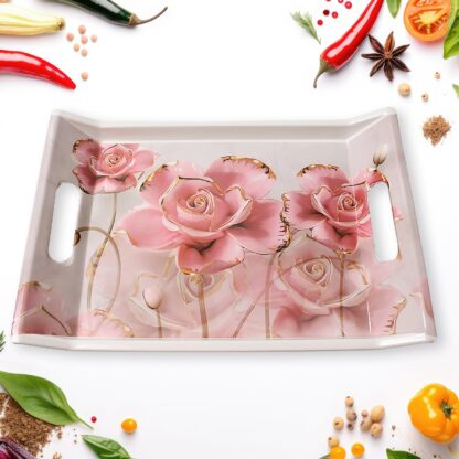 Plastic Rectangular Shape Flower Printed Design Serving Tray 3 pcs Home and Kitchen Use (3 pcs set) - Image 5