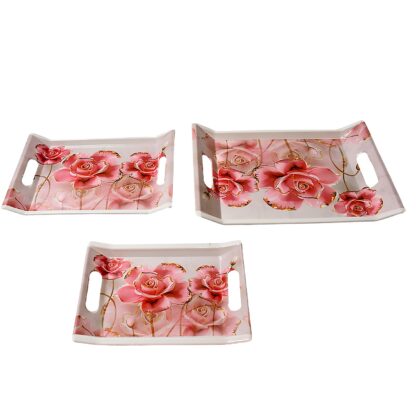 Plastic Rectangular Shape Flower Printed Design Serving Tray 3 pcs Home and Kitchen Use (3 pcs set) - Image 3