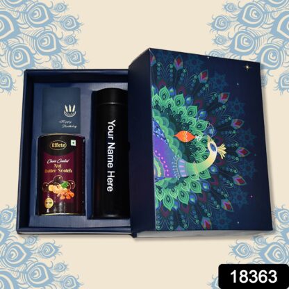 Personalized Temperature Water Bottle, Wishing card & Chocolate (With Attractive Peacock Box / 3 Pc Set) - Image 2