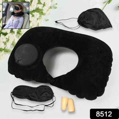 8512 3 in 1 Comfortable Travel Sleeping Kit, Neck Pillow, Eye Mask & Ear Plug Set Inflatable Plane Sleeping Pillow Head Neck Support Pillows for Travel Airplane Office, Black - Image 2