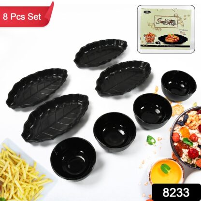 Invitation Round Ceramic Snacks Bowl With Plastic Leaf shape Serving platter Portable, Lightweight Breakfast, Serving Bowl | Ideal for Rice, Pasta, Desserts Home & Kitchen Serving Bowl & platter (8 Pcs set) - Image 2