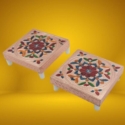 Detailed view of Meenakari wooden bajot with vibrant colors