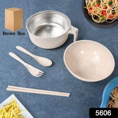 Rice Bowl Noodle 1 Bowl with 1 Lid and Handle Wheat Straw Noodle Bowls with Wheat Straw 1 Fork, 2 Chopsticks, 1 Spoon for Soup Salad Cooker Snack Set (6 Pcs Set) - Image 2