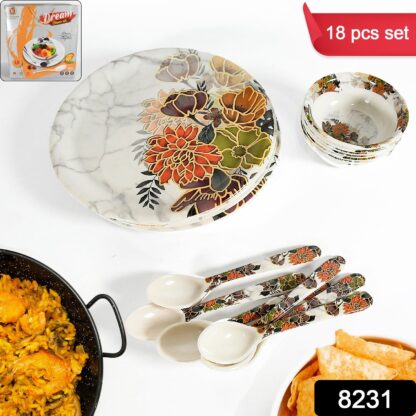 Dream High Quality plastic Dinning Dinner set with Unique Flower Design Printed, 6 pc Plates, 6 pc Bowls and 6 pc Serving Spoon, Lightweight Round Plates and Bowls, Microwave, and Dishwasher Safe (18 Pcs set) - Image 2