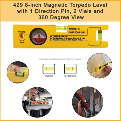 8-inch Magnetic Torpedo Level with 1 Direction Pin, 2 Vials and 360 Degree View - Image 5