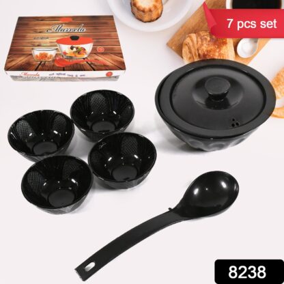 Marvela High Quality Dinning Dinner / Pudding Set 4 pcs Ceramic Medium Bowls, 1 Pc Ceramic big Bowl With 1 Pc Plastic Lid and 1 Pc plastic Serving Spoon, Lightweight Microwave, and Dishwasher Safe (7 Pcs set) - Image 2