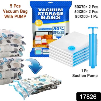 Vacuum Storage Bags with Suction Pump & Shirt clips - Vacuum Bags - Big Capacity Vacuum Seal Bags for Travel Clothes Blankets Pillows, Compression Bags | Space Saver Vacuum Storage Bags (5 Pcs Set) - Image 2